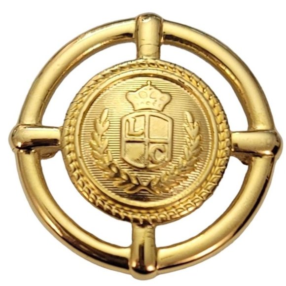 Liz Claiborne Gold Tone Signature Shield Round Laurel Leaf Edge Brooch Pin E474 - Picture 8 of 8